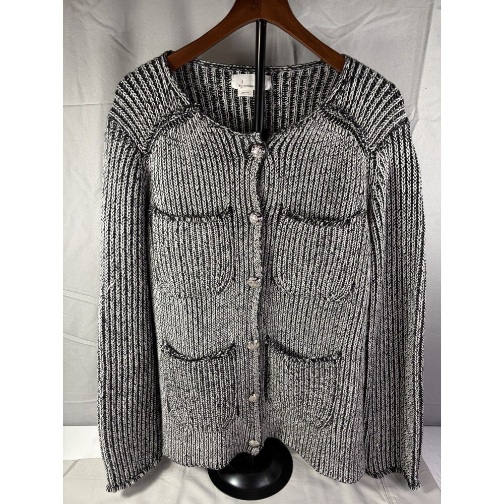 Anthropologie Dress Long Sleeve Button Down Sweater Black/White Medium Very Nice